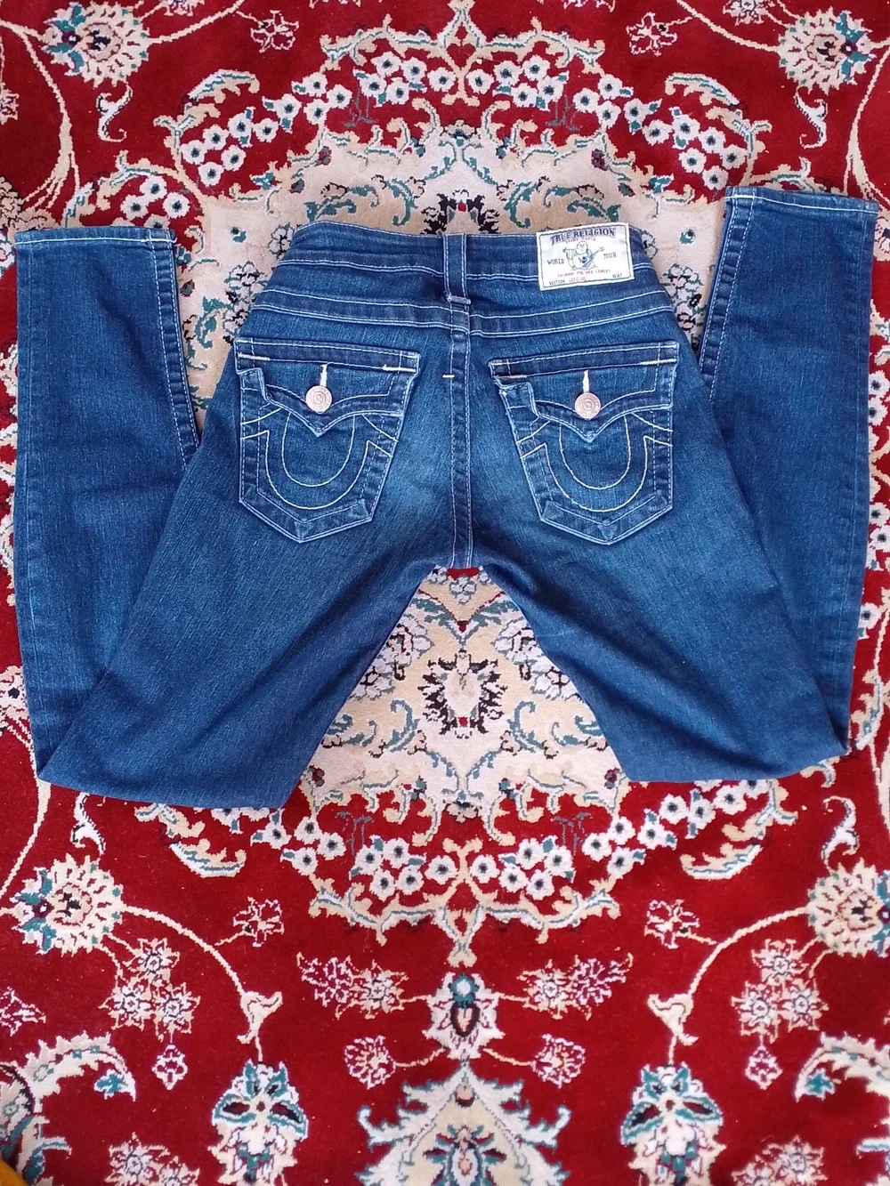 True Religion Denim Skinny Jeans Dark Blue Indigo White Stitch Section Leggings - Picture 2 of 11